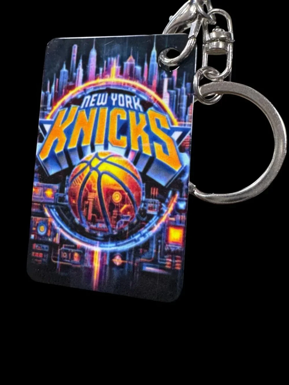 New York Knicks Keychain, Metal, Neon City Skyline Graphic, Lobster Clasp with S